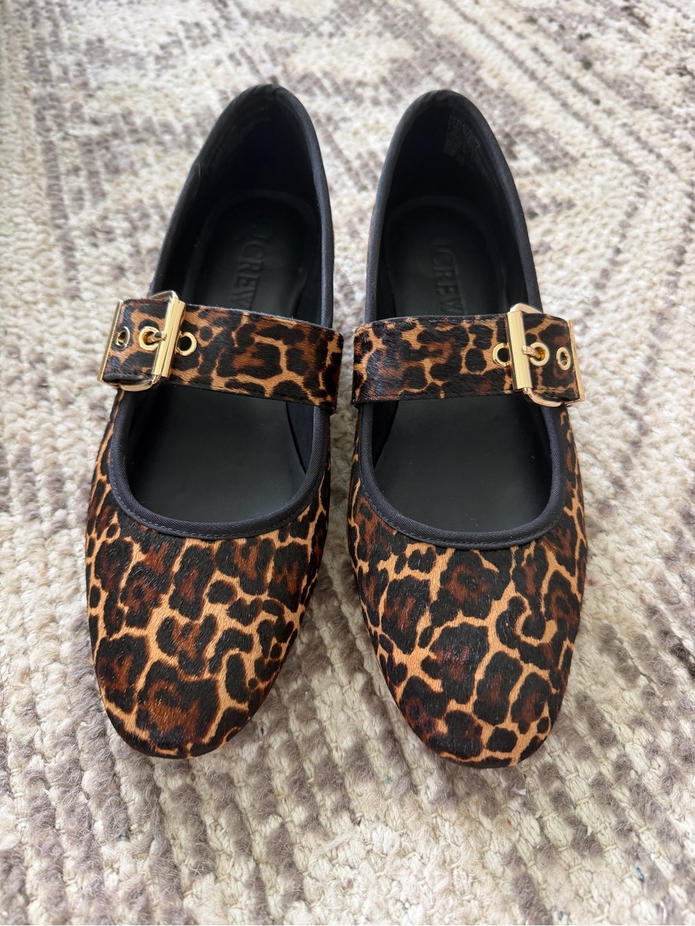 J. Crew Leopard Print Mary Jane Flats with Gold Buckles
